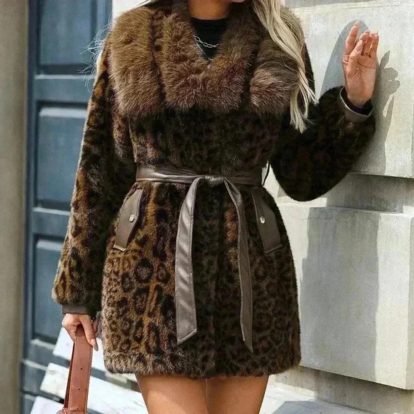 Coffee Brown Casual Women's Long Sleeve Fluffy Leopard Print Button Coat - Picture 3 of 8